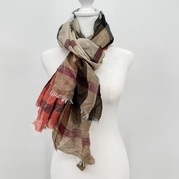 Burberry Scarf Authentic Red Brown Gauze Lightweight Plaid Nova‎ Check Oversized - Picture 1 of 13
